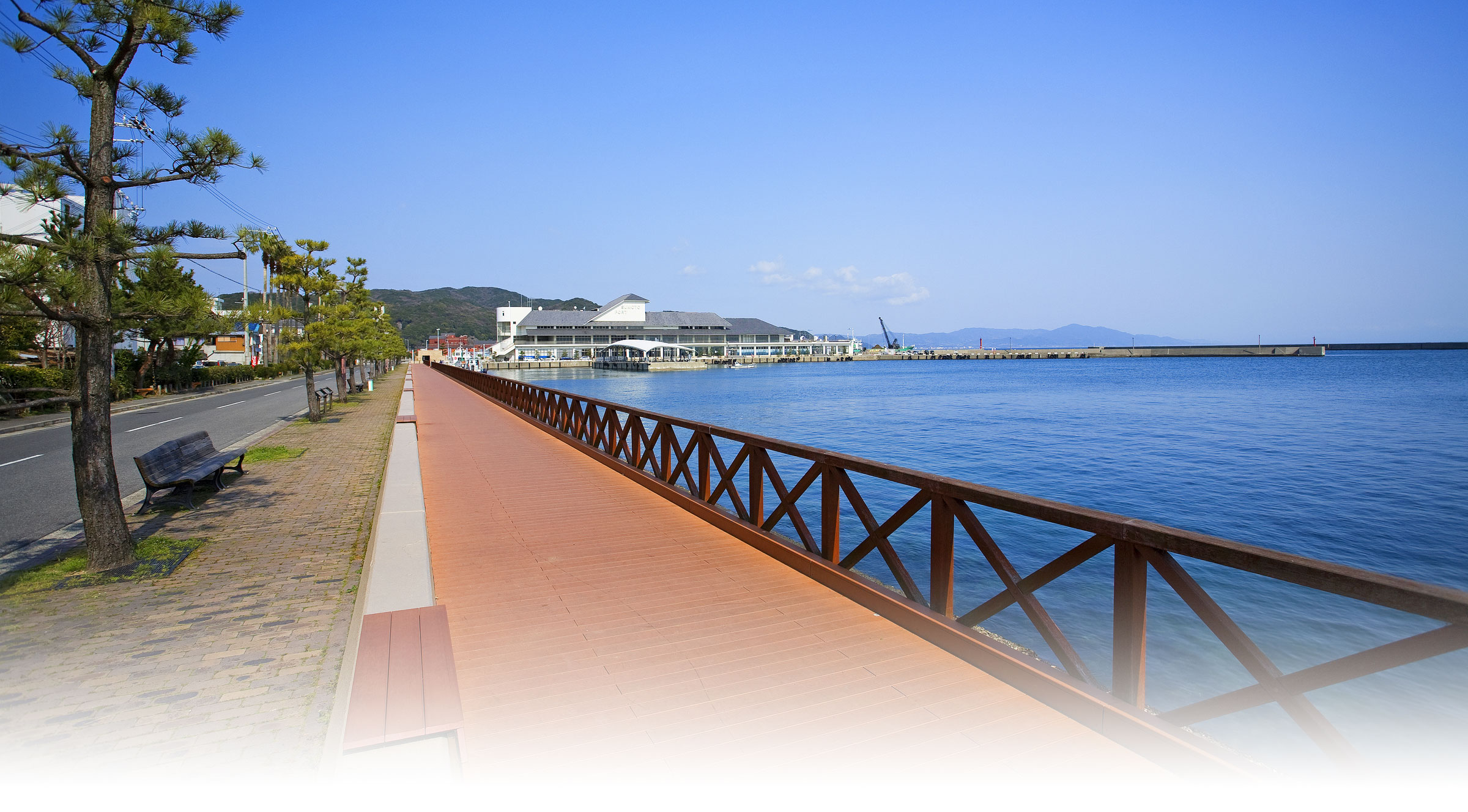 ハーバーホテル海月の前に広がる海とウッドデッキ